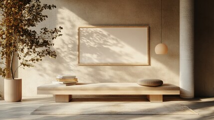 Minimalist living room with natural light and wooden furniture