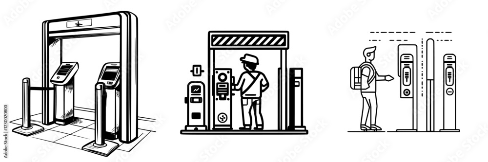 Poster interactive ticketing kiosks at a futuristic transportation hub featuring public transit access and 