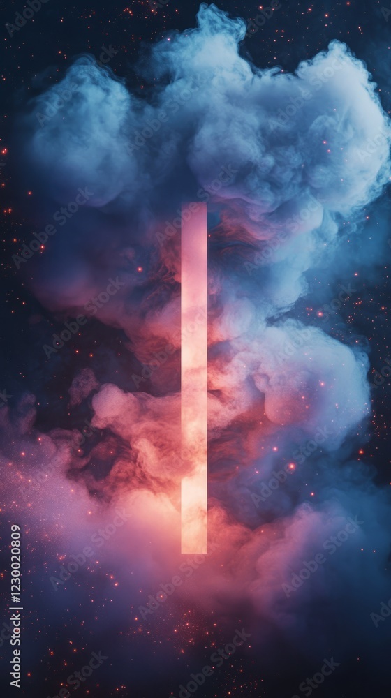 Poster a mesmerizing blend of colorful clouds and a glowing neon light beam, creating a surreal cosmic scen