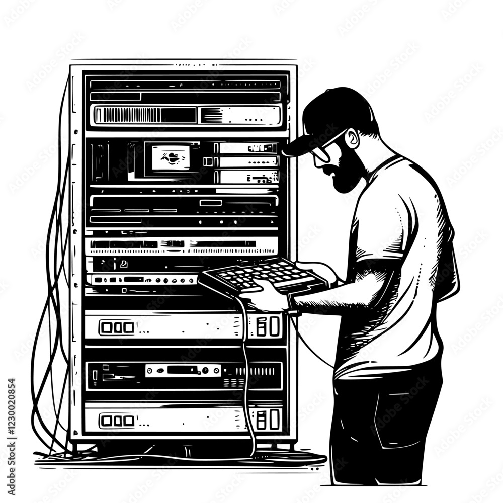 Poster technician operates complex server setup featuring hologram and futuristic vfx elements in a modern 