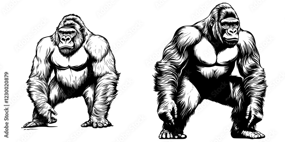 Poster gorilla illustrations showcasing a detailed view of a powerful primate in a dynamic pose with a futu