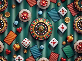 Casino Gambling Pattern: Dark Stripes, Dice, Cards, Chips, Roulette Wheel Illustration