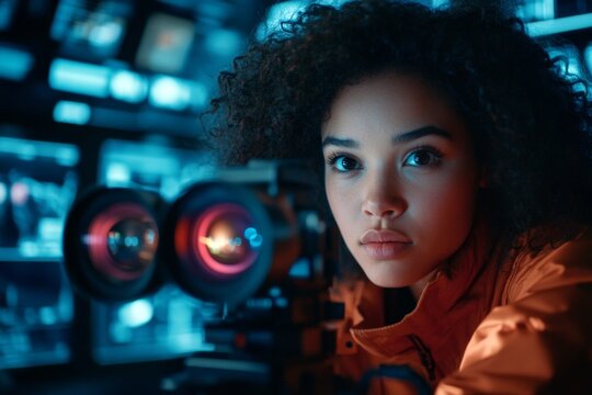 A photographer setting up a professional shoot, adjusting the lighting and camera settings with expertise