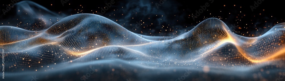 Poster wave of light and particles flowing through a dark background in abstract visual representation
