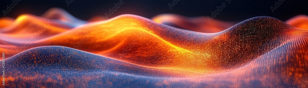 Poster computer generated wave in red and orange hues with flowing patterns and dynamic textures