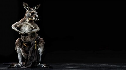 Kangaroo in a dark studio, sitting.