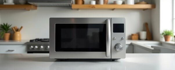 Obraz premium Silver microwave on kitchen table, clean countertop, simple, breakfast