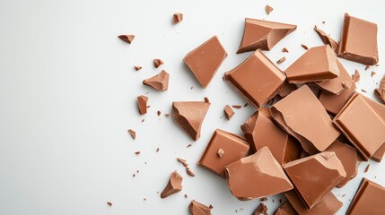Fototapeta premium Broken Milk Chocolate Pieces on White Background for Cooking or Dessert
