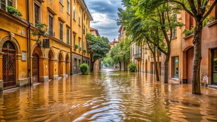 Fototapeta premium Waterlogged streets of Bologna in Emilia Romagna region with flooded buildings and trees