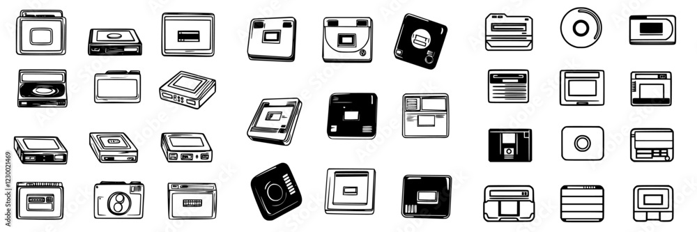 Poster collection of retro media storage devices displayed in a futuristic hologram design with vfx and hud