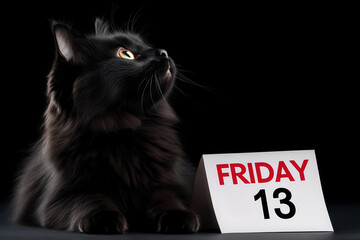 Tear-off calendar with Friday 13 in bold letters and black cat sitting gracefully near it