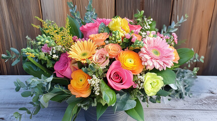Fototapeta premium Vibrant bouquet of mixed flowers with greenery in a rustic setting