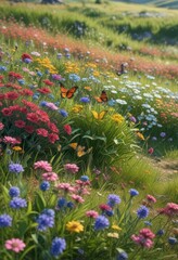 Summer grassland with butterflies and colorful blooms,  summer, butterflies,  nature