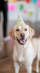 A joyful pet wearing a party hat celebrates with family during festive occasion