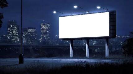 Empty billboard at night, large blank advertising space illuminated in dark urban setting, perfect for showcasing messages.