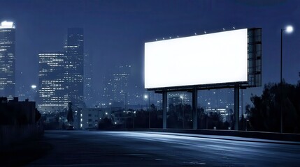 Empty billboard at night, urban setting with muted city lights, potential for advertising space or artistic expression.