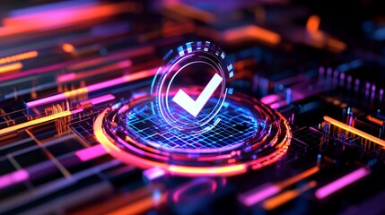 Futuristic digital interface with a glowing checkmark symbolizing approval amidst vibrant neon patterns