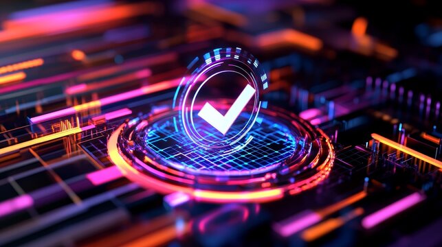 Futuristic digital interface with a glowing checkmark symbolizing approval amidst vibrant neon patterns