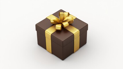 Elegant Brown Gift Box with Golden Ribbon and Bow on White Background