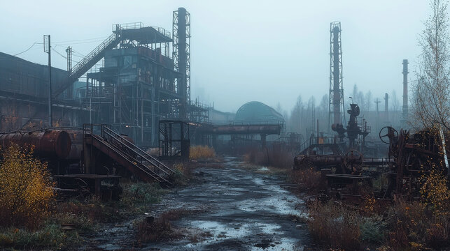 Decaying Industrial Zone with Abandoned Factories and Warehouses in Foggy Atmosphere
