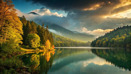 Fototapeta premium A beautiful mountain lake with a reflection of the mountains in the water