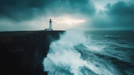 Fototapeta premium Dramatic coastal cliffs, crashing waves, distant lighthouse, isolation, beauty, adventure by the sea