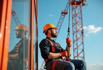 Industrial Worker on High Platform, Safety Harness, Fall Prevention, Occupational Safety, Construction Site, Workplace Safety, Height Work Safety, Safety Measures.

