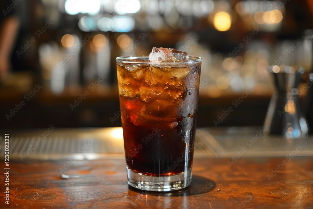 Poster refreshing dark cocktail is standing on a bar counter with blurred background