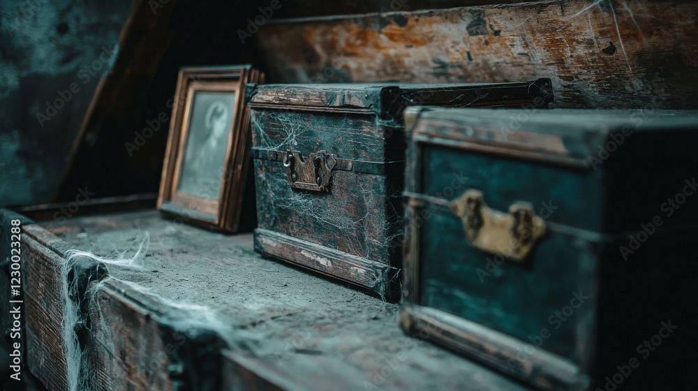 Poster dimly lit attic filled with old wooden trunks and cobwebs in an atmospheric setting