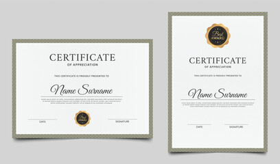 Minimalist certificate border template with badge and lines pattern. Diploma award layout vector design