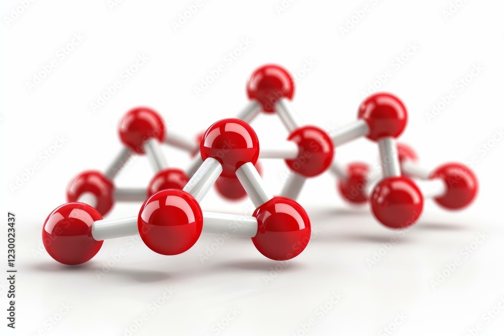 Poster 3d render of a molecular chain structure showing red atoms and white bonds on a white background