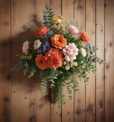 Vintage Style Artificial Flower Arrangement on Wooden Wall,  artificial flowers,  garden wall,  vintage decor