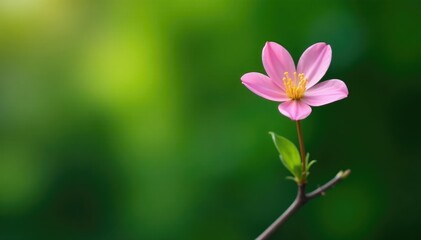 A lone pink bloom rises from a branch on the tree, greenery, solitary flower