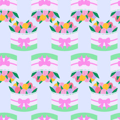 Seamless pattern with tulips in wrapping paper. Bouquets for Women`s day and Mother`s day. Modern isolated vector illustration.