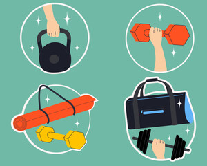 Sport equipments stickers. Workout accessory, yoga mat, weights and bag. Modern isolated vector illustration.