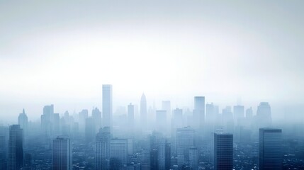 Foggy skyline over city, mist enveloping high-rise buildings, calming ambiance, perfect for a serene backdrop in designs.