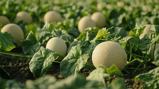 Cantaloupes Growing in a Field Surrounded by Lush Green Leaves on a Sunny Day