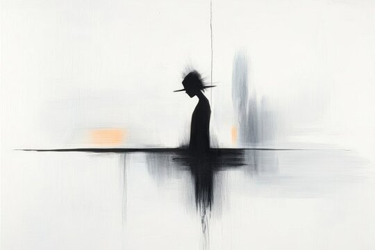 A simple silhouette of a figure standing at a riverbank, hesitant to cross, with bold strokes depicting ripples and subtle shadows
