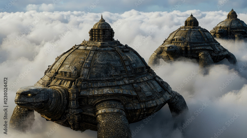 Aufkleber floating city built on the backs of enormous slow creatures in a surreal cloudscape