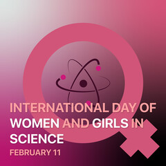 Women and Girls in Science Day vector art. A female gender symbol with an atom at its center represents women's contributions to STEM fields.