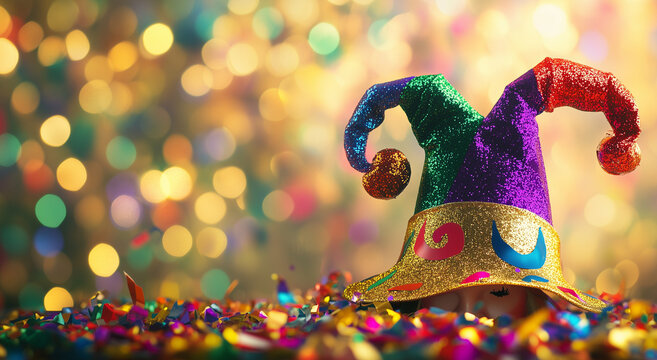Carnevale. Cappello da giullare con bokeh. Spazio per messaggio.