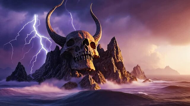 horror island in ocean. devilish screaming skull. Halloween concept