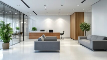 Modern office space, sleek furniture with large windows, plants for a fresh ambiance, ideal for professional meetings and collaboration.