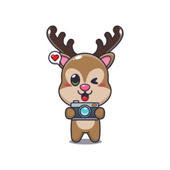 deer mascot cartoon character vector illustration with camera.