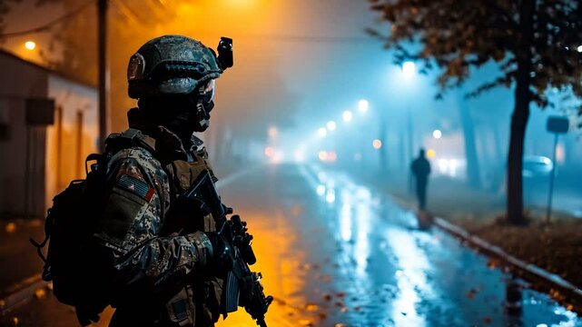 A soldier is on patrol during a foggy night in an urban environment, emphasizing alertness and bravery
