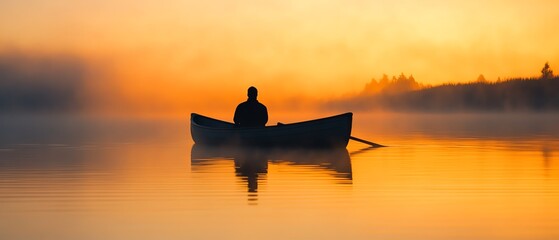 Person in a rowboat silhouetted against a misty lake at dawn