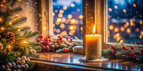 Christmas Window Candlelight Glow - Long Exposure Holiday Stock Photo