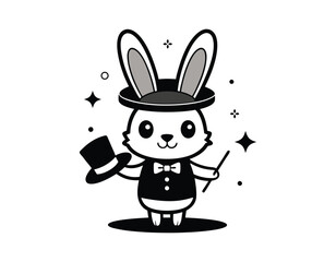 cute cartoon bunny magician holding a top hat and magic wand, dressed in a tuxedo with a bow tie, surrounded by sparkles, perfect for children's illustrations or magic-themed designs.