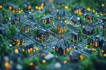 Night Miniature Cityscape Illuminated Houses and Green Trees
