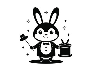 cute cartoon bunny magician holding a magic wand and a hat with a rabbit inside, surrounded by sparkles, perfect for children's illustrations and magical themes